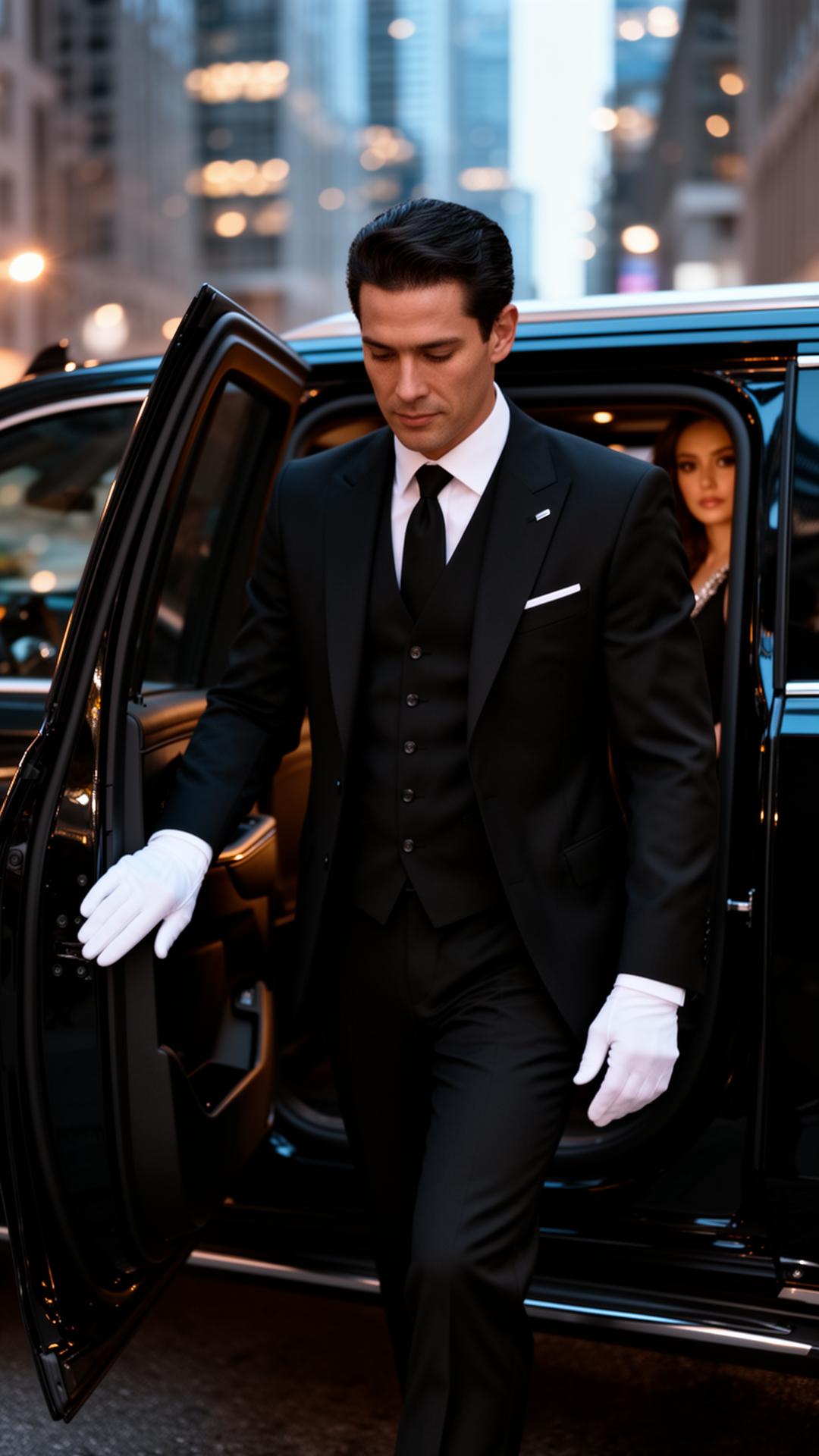Immaculate white-gloved chauffeur in three-piece black suit opening the rear door of a jet black 2027 Suburban with NYC skyscraper bokeh behind