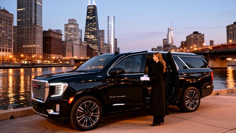 Jet black Suburban or Yukon Denali Ultimate with chauffeur in Chicago