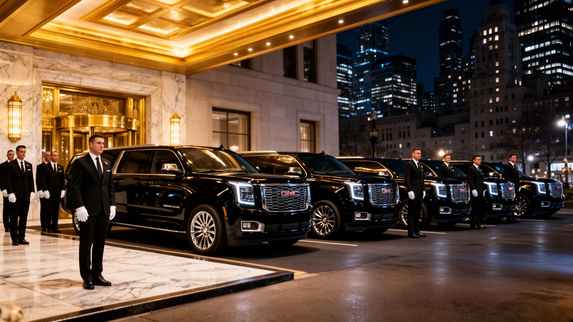 Lineup of jet black 2027 Chevrolet Suburbans and GMC Yukon XL Denali Ultimate SUVs at a five-star Manhattan hotel porte-cochère with chauffeurs in formation