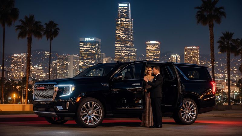 Jet black Suburban or Yukon Denali Ultimate with chauffeur in Los Angeles