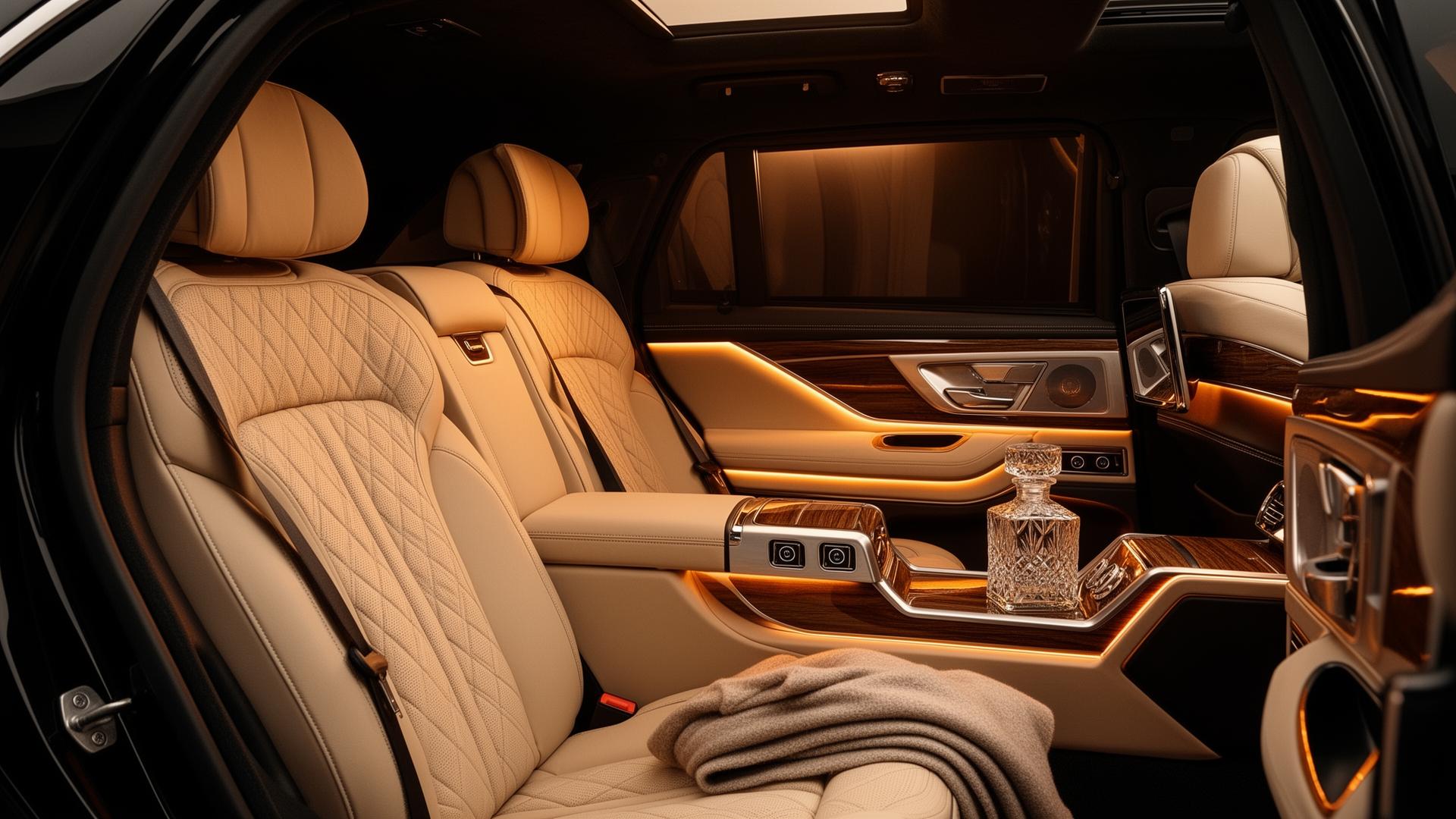 Quilted cream leather interior of executive SUV with crystal decanter and cashmere throw