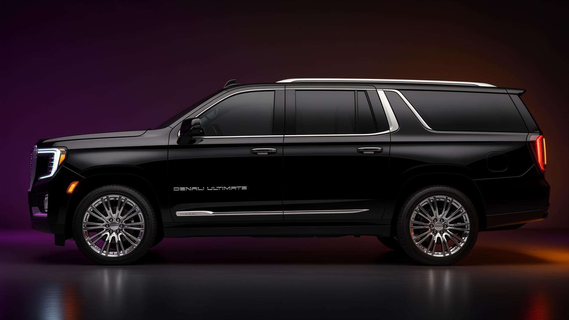 Jet black 2027 GMC Yukon XL Denali Ultimate side profile under plum and amber studio lighting